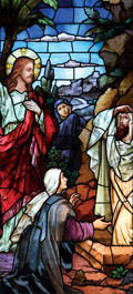 Lazarus Come Forth stained glass church window film religious medallion design