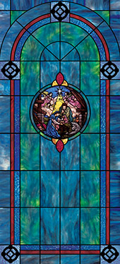 decorative stained glass window appliqué film design with medallion for churches