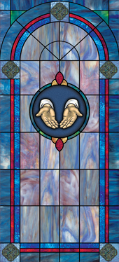 decorative stained glass window appliqué film design with medallion for churches