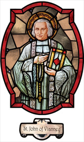 decorative stained glass window film religious medallion design saint John of Vianney