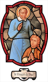 decorative stained glass window film religious medallion design saint Vincent de Paul