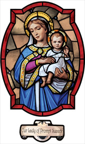 decorative window film saint design Our Lady of Prompt Succor