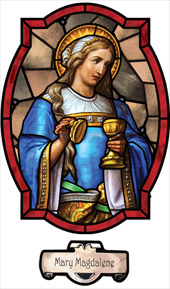decorative stained glass window film religious medallion Mary Magdelene design