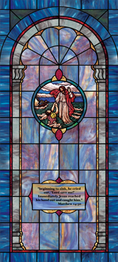 Decorative stained glass church window film covering medallion and scripture design IN5