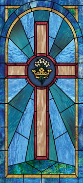 Decorative stained glass church window film medallion and scripture design IN34