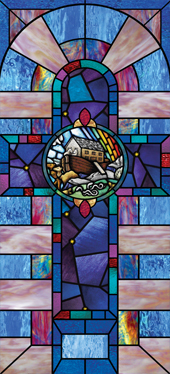 Decorative stained glass church window film medallion and scripture design IN39