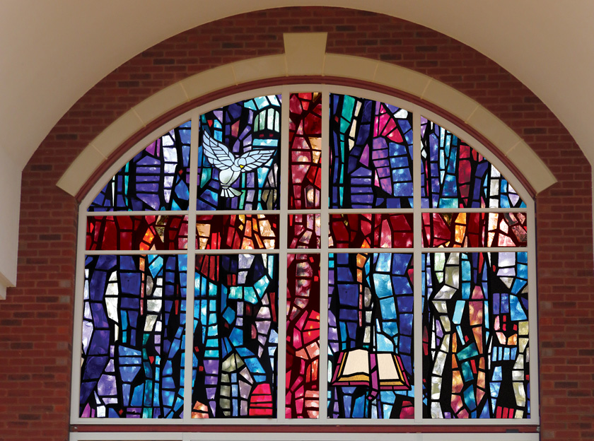 Custom church window film faceted design in church setting
