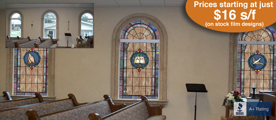 Decorative stained glass window film designs for churches